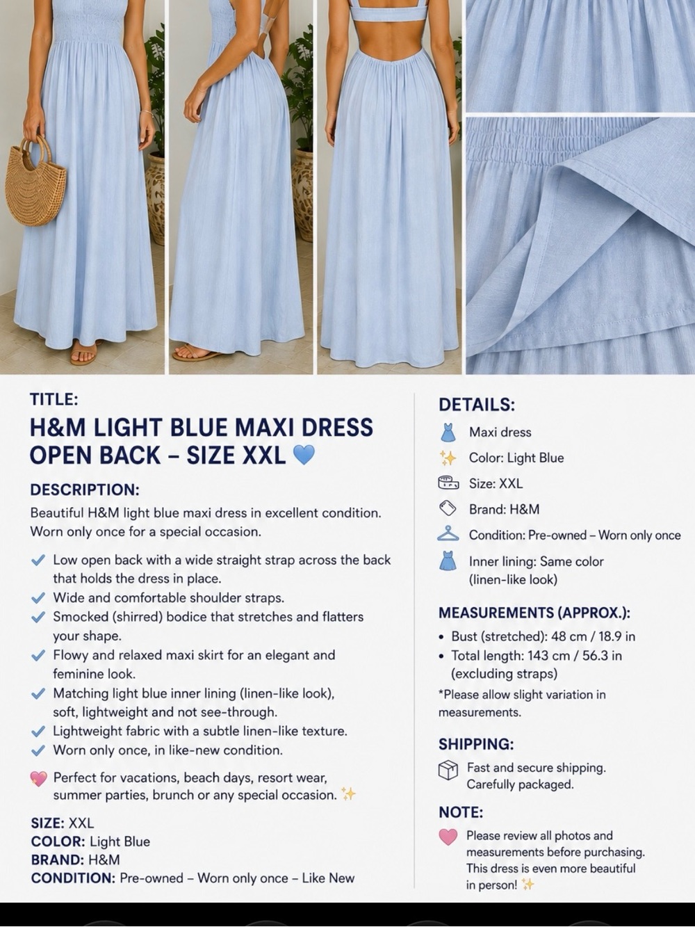 H&M Light Blue Maxi Dress Open Back – Size XXL